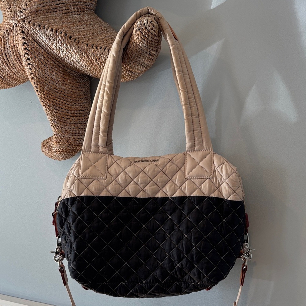 MZ Wallace Quilted Two-Tone Shoulder Bag in Beige and Black